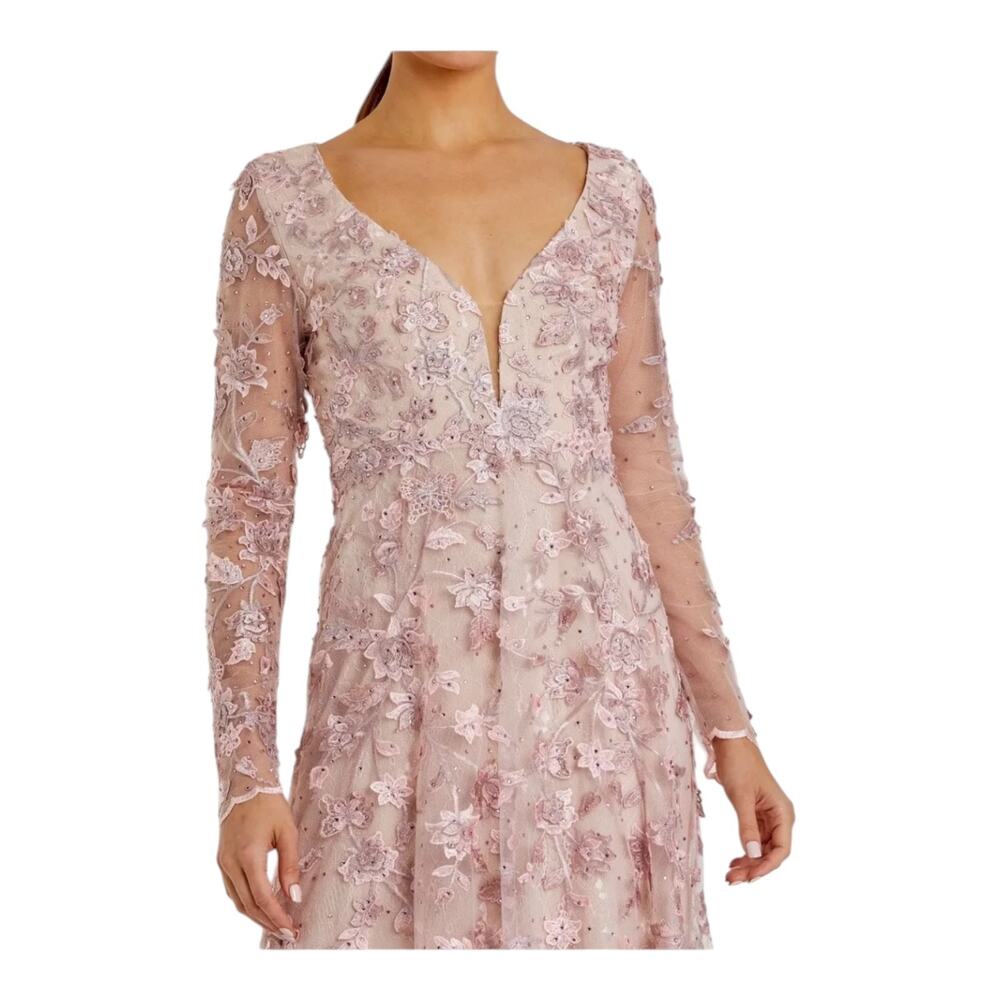 Mac Duggal 70224 Floral Applique Illusion Gown Long Sleeve Rose Pink Size 8 NWT - Picture 3 of 16